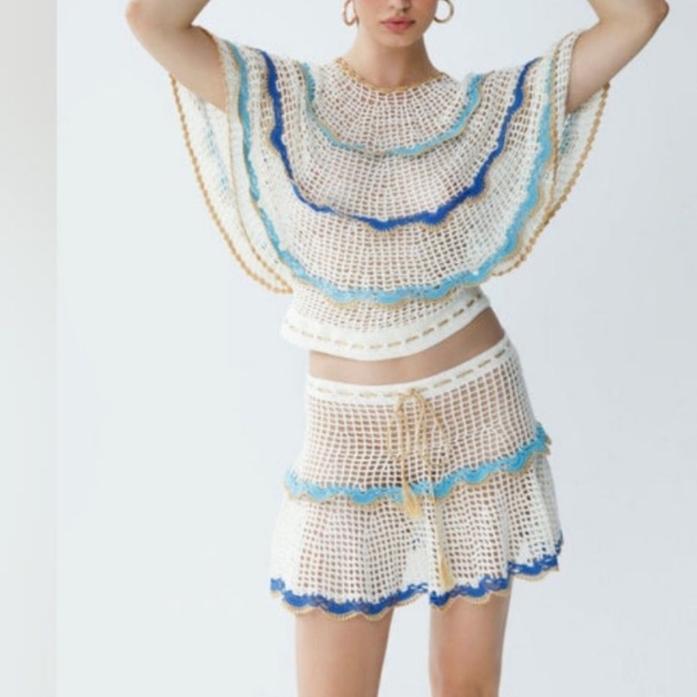 Revolve My Beachy Side Boho Cream Gold Blue Rima Crochet Top Size Small NWT! - Picture 2 of 13